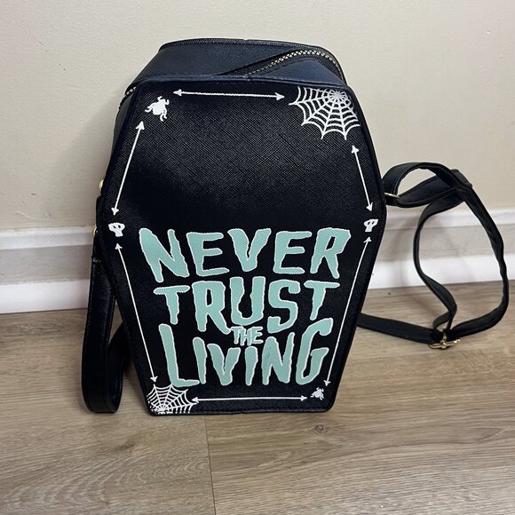 NWOT Halloween Gothic Black Coffin Crossbody Bag Graphic Print Backpack - Picture 1 of 6